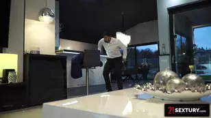 A girl in long socks indulges in passionate action at home