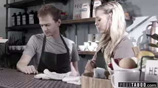 A blonde teen gets fucked in the kitchen at a cafe