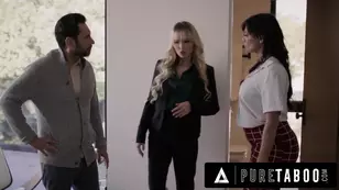 A gorgeous woman shows her luxurious house to a potential buyer getting intimate