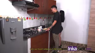 The man tiredly fucked his stepcousins in the kitchen and finished with a grand finale