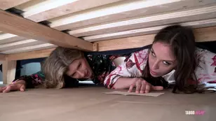 A hot brunette got stuck while making love with her big mom under the bed