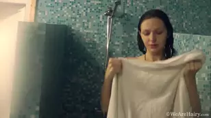 Hot shower solitaire with a hairy and beautiful girl