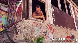 A sex party in an abandoned ballroom with a sticky finish on big tits