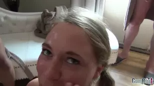 A pretty brunette gets fucked by a crowd of men including a cum lover at home