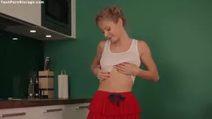 Little babe with flowers in her hair has sex at the kitchen