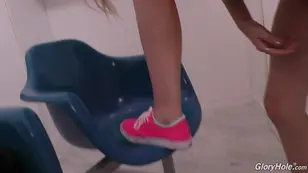 A white woman including the stunning Hannah Hays experiences intense passion through a glory hole