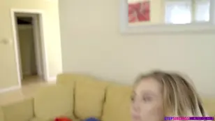 A family has fun at home with a hot blonde and her sexy stepsister