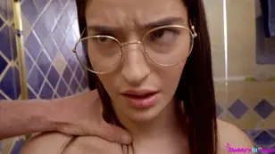 A pretty girl in glasses Emily Willis gets her ass painted and caressed