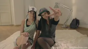 Nice babes have a great fun with a strong strapless dildo in p quality