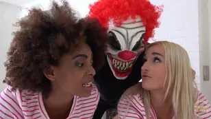 Two beautiful girlfriends are assaulted by a wicked clown in the first BGG scene
