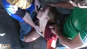 Blonde beauty and her friend fucks in the car park