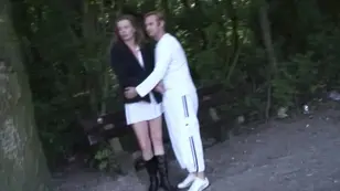 Babe Rachel fucks with two guys in the woods in p